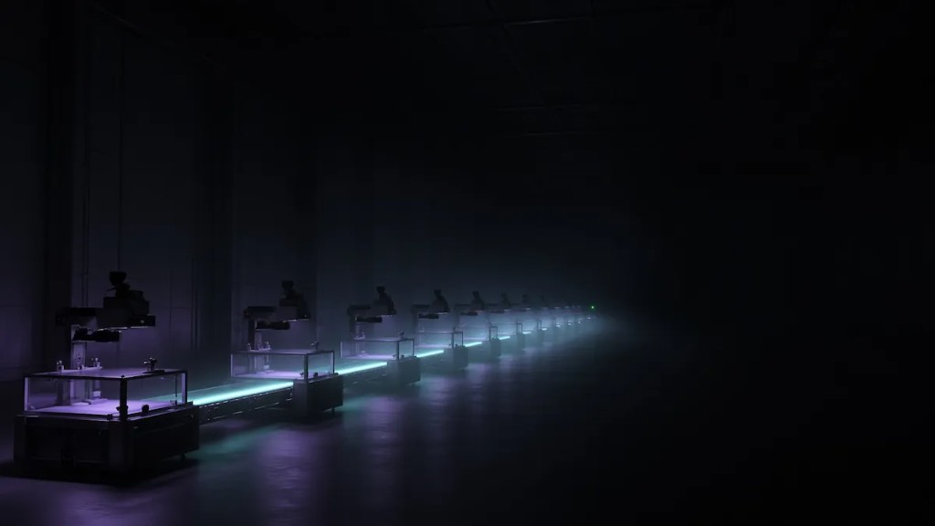 Rows of automated workstations receding into a dark factory floor, lit by violet and cyan.