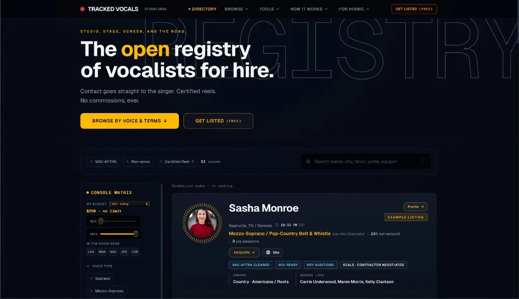 Tracked Vocals desktop directory with vocalist search filters and an expanded profile card.